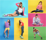 Photos of people with roller skates on different color backgrounds, collage design