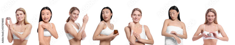 Collage with photos of women applying body cream on white background. Banner design Collage with photos of women applying body cream on white background. Banner design