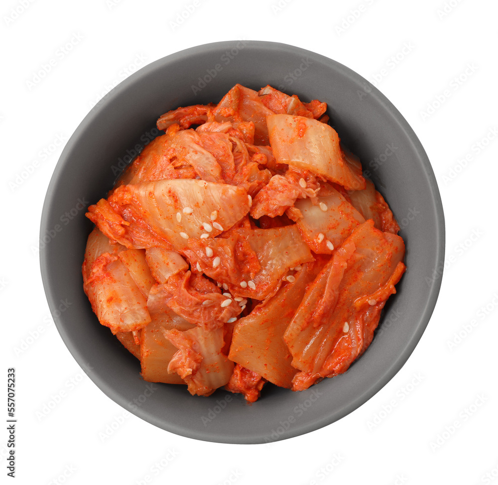 Bowl of spicy cabbage kimchi isolated on white, top view Bowl of spicy cabbage kimchi isolated on white, top view