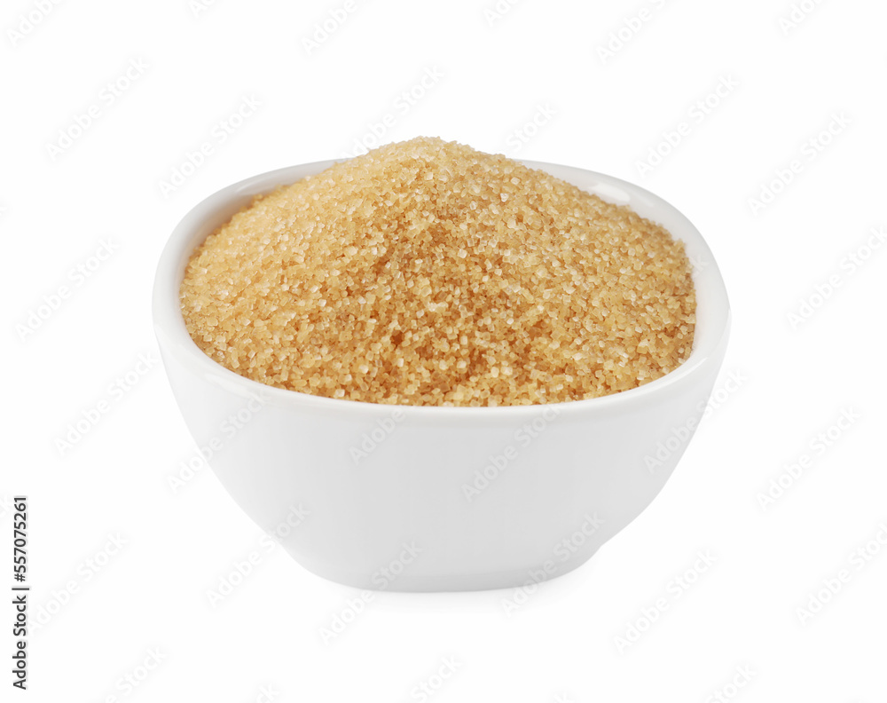Bowl of granulated brown sugar isolated on white Bowl of granulated brown sugar isolated on white