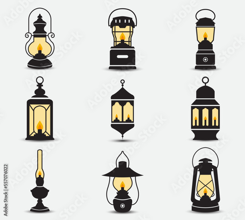 Collection of flat cartoon lanterns of various shapes