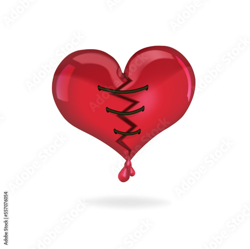 A broken heart is sewn up with threads. Heart in two parts, crack, trauma, blood, mended with threads. 3d render in high quality