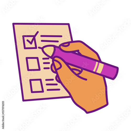 Hand writing on a paper. Human hand write yes vote with pen on a voting paper. Illustration of human's hand.