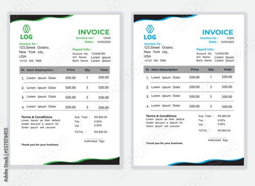 Business Minimal Corporate Invoice design template vector illustration bill form price . Creative template and stationery design payment agreement design template Cash Memo, Vector Quotation Design