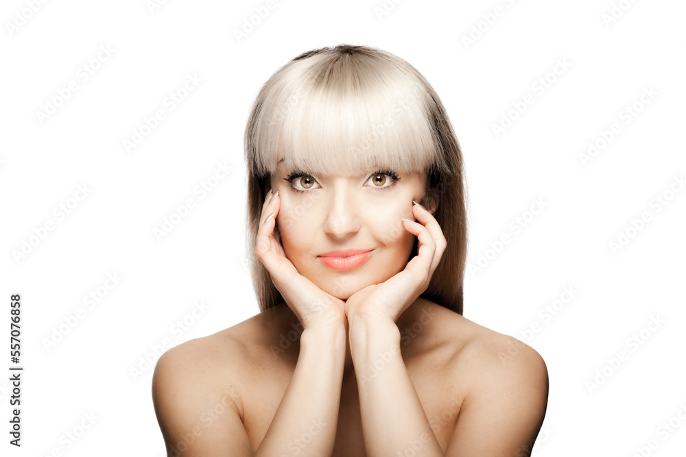 Portrait of a beautiful brunette girl with blond bangs fringe. Positive happy face expression. . Portrait of a beautiful brunette girl with blond bangs fringe. Positive happy face expression. .