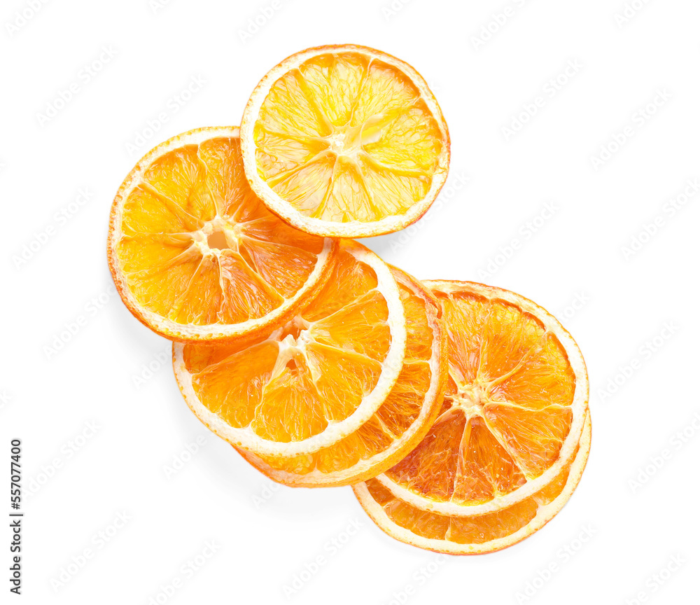 Delicious dry orange slices on white background, top view Delicious dry orange slices on white background, top view