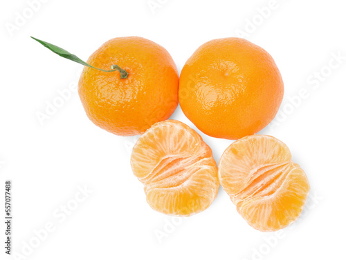 Fresh ripe juicy tangerines with green leaf on white background, above view