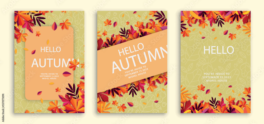 Naklejka premium Autumn sale posters set. Collection of graphic elements for website. Discounts and promotions, special offer and loyalty program. Cartoon flat vector illustrations isolated on beige background