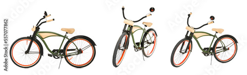 Collage with bicycle on white background, views from different sides. Banner design