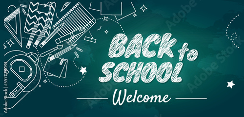 Back to shool line banner. Graphic element for website. Drawing in crayons of bags with pencils, education, learning and training. International autumn holiday. Cartoon flat vector illustration