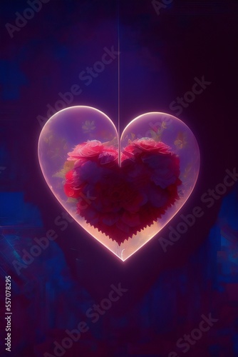 heart of red and purple roses with cinematic lights inspired by fantasy on a dark blue background, Generative AI