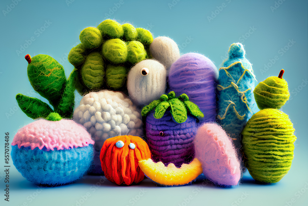 Generative AI. Colorful fruit and vegetable toys handcraft made of wool. Wolitization style on soft blue light background.