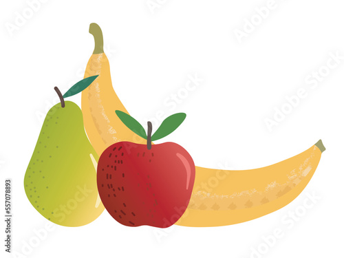 : Fresh juicy fruits in red, green and yellow colors. Green pear, red apple and ripe banana isolated on white background. Flat vector illustration.