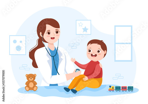 Pediatrician Examines Sick Kids and Baby for Medical Development, Vaccination and Treatment in Flat Cartoon Hand Drawn Templates Illustration