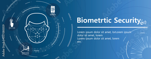 Biometrics security poster. Graphic element, verification and authentication. Login to profile and account. Innovations, modern technologies and digital world. Cartoon flat vector illustration