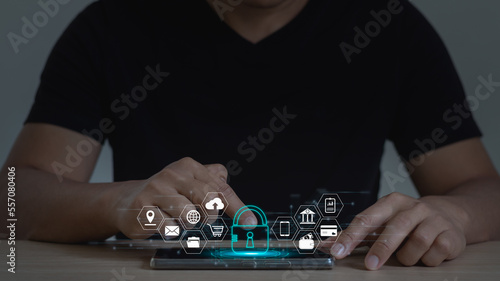 Person login with username and password by smartphone for technology cyber security internet and networking system. Information and encryption concept. Surveillance of Personal database. cybersecurity
