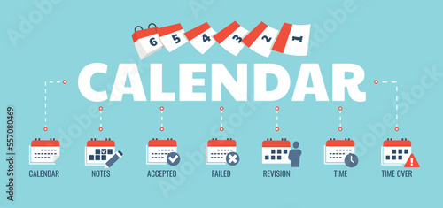 Calendar color banner. Time management and organization of effective workflow. Planning and scheduling. Revision and notes, goal setting. Graphic element for website. Cartoon flat vector illustration
