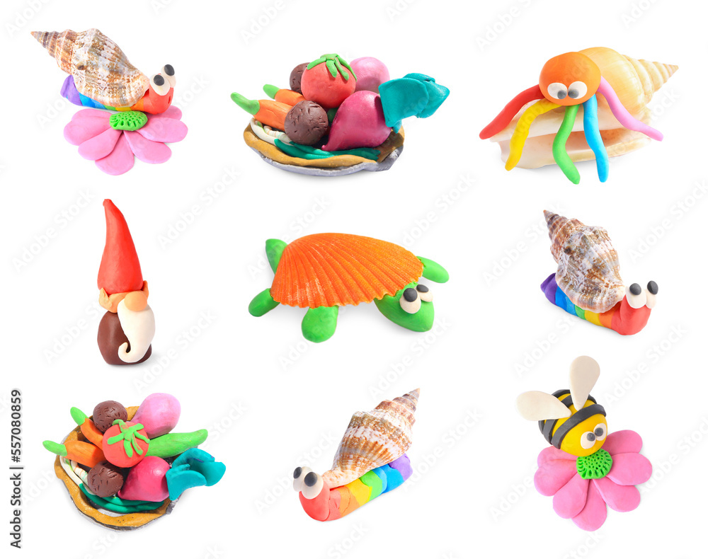 Set with different child's crafts made of plasticine on white background