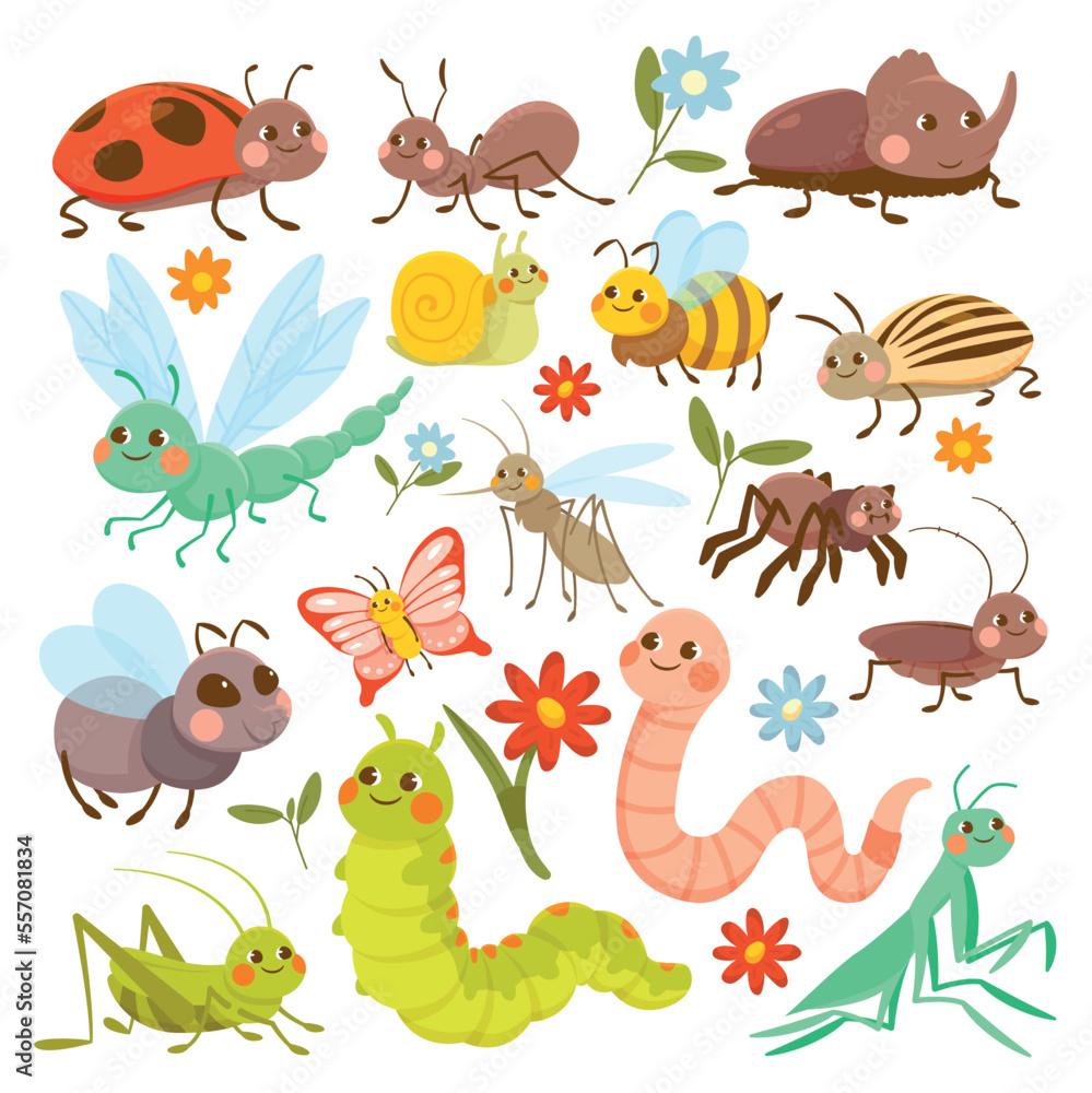 Set of insects. Collection of graphic elements for website. Ladybug, caterpillar and butterfly. Bee, dragonfly, grasshopper and snail. Cartoon flat vector illustrations isolated on white background