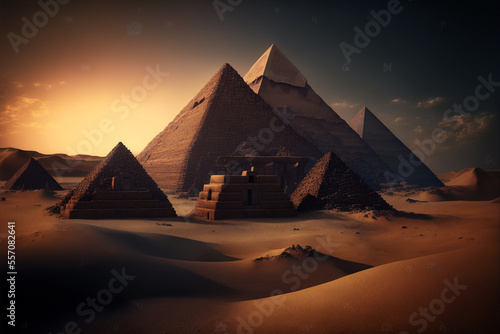 Fictional Egyptian pyramids in the desert  evening sunset  Generative AI 