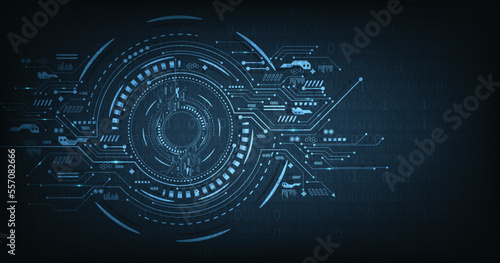 Circle 2d illustration circuit board technology background. Drawing a modern electronic circuit on dark blue background. Hi-tech digital technology concept.