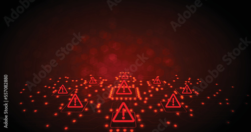 Unsafe Wifi Connections concept. Attention warning attacker alert sign with an exclamation mark on a dark red background.Security protection Concept.Hacker Attack, Viruses. photo