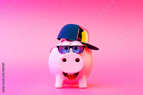 Cheerful piggy bank. Financial savings concept on pastel purple background, 3D rendering. 3d piggy bank with coin
