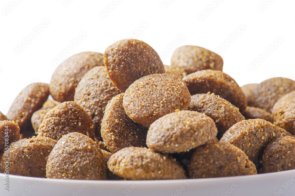 Dry pet food isolated on white background. Food for dogs or cats. Dry pet food isolated on white background. Food for dogs or cats.
