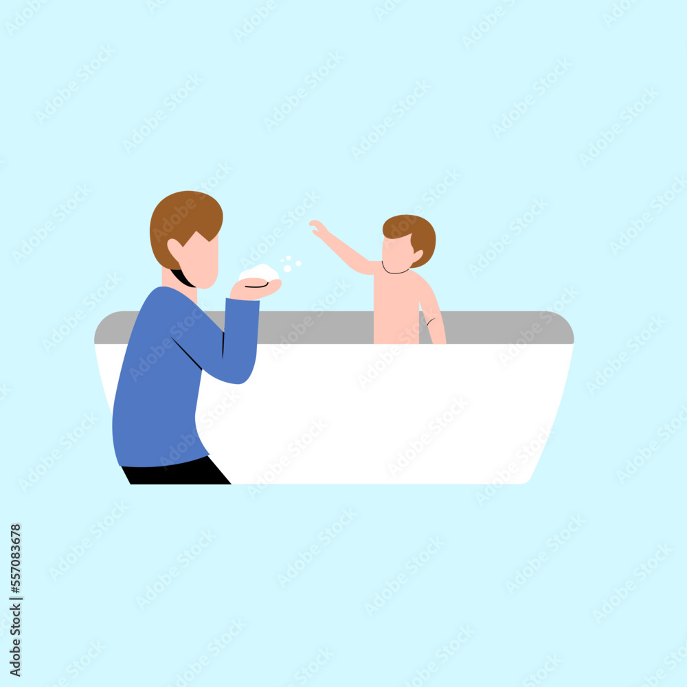 Father With Baby Bathing In Bathtub