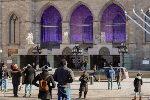 Notre-Dame Basilica church, exterior historical architecture is a tourist highlight  Montreal, Quebec
