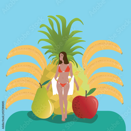 Sensual woman wearing bikini. In the background there is a giant pineapple, bananas, pear and apple. Illustrations isolated on light blue background.