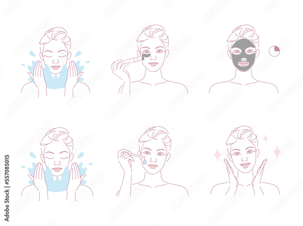 Beautiful young woman take skin care about her face procedure at home, Linear logo minimalist style. Beauty body care concept. Vector design illustration. Beautiful young woman take skin care about her face procedure at home, Linear logo minimalist style. Beauty body care concept. Vector design illustration.