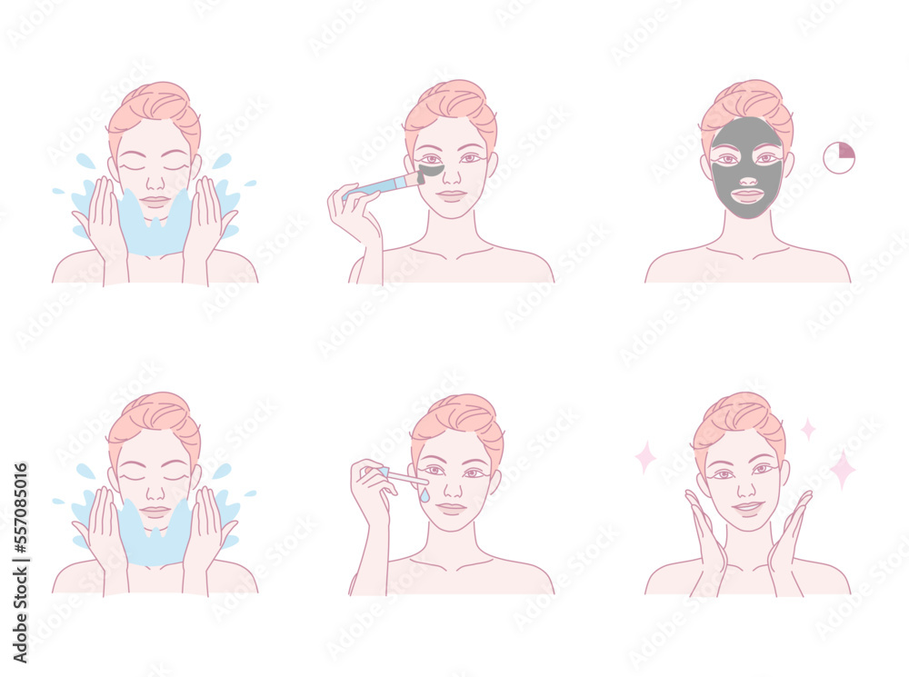 Beautiful young woman take skin care about her face procedure at home, Linear logo minimalist style. Beauty body care concept. Vector design illustration. Beautiful young woman take skin care about her face procedure at home, Linear logo minimalist style. Beauty body care concept. Vector design illustration.