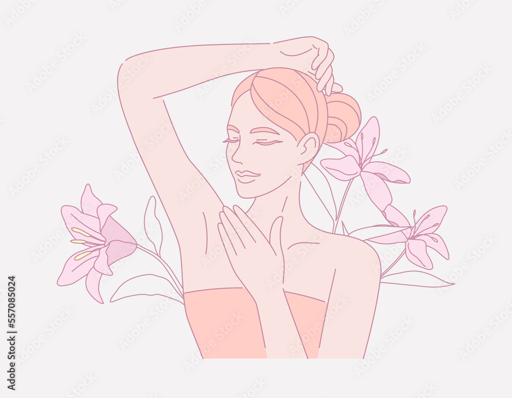 Female smooth armpit. Hair removal, With leaves and flower, Beauty body care concept. Design illustration.