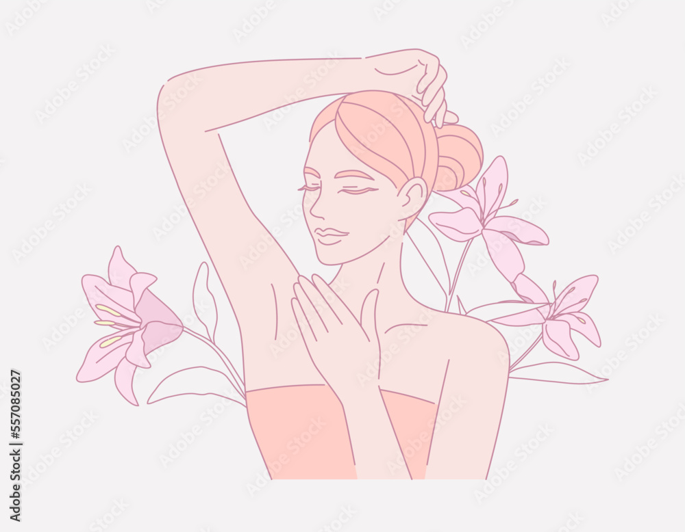 Female smooth armpit. Hair removal, With leaves and flower, Beauty body care concept. Vector design illustration.