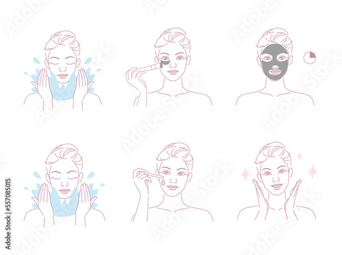 Beautiful young woman take skin care about her face procedure at home, Linear logo minimalist style. Beauty body care concept. Vector design illustration.