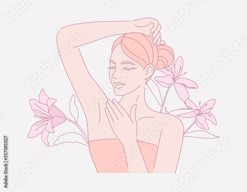 Female smooth armpit. Hair removal, With leaves and flower, Beauty body care concept. Vector design illustration.