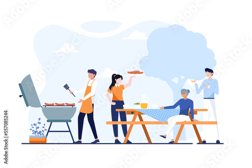 Happy family at a picnic is preparing a barbecue grill outdoors. Vector illustration in a flat style in light blue color theme