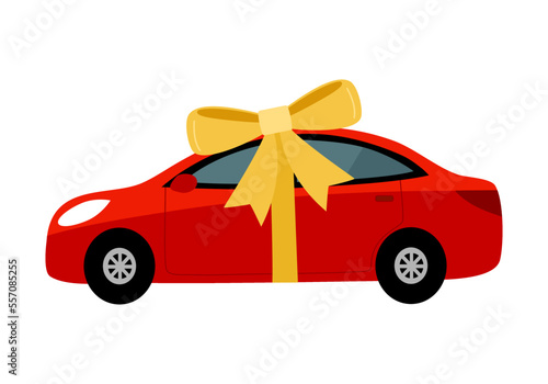 Car gift with ribbon surprise award in flat design on white background.