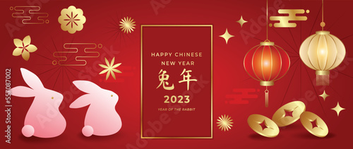Chinese new year of the rabbit 2023 luxury background vector. Cute rabbit with 3D golden coins and oriental lantern on chinese pattern red background. Design illustration for wallpaper, card, poster.