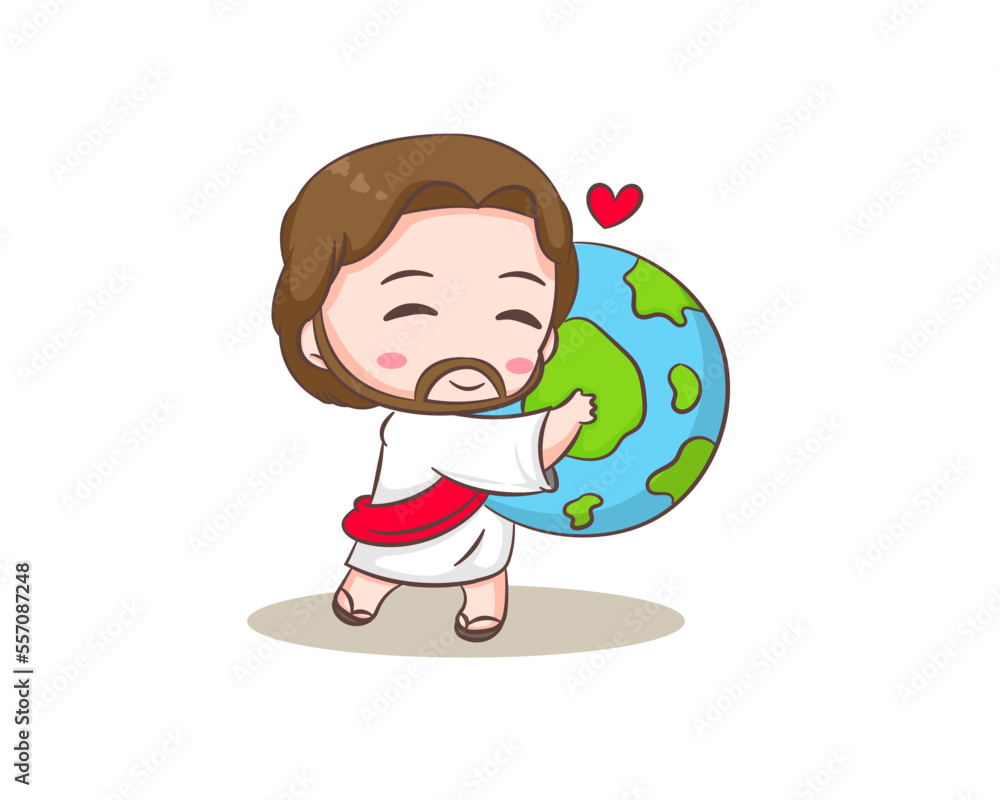Cute Jesus Christ cartoon character hugging the earth. Hand drawn Chibi character, clip art, sticker, isolated white background. Christian Bible for kids. Mascot logo icon vector art illustration Cute Jesus Christ cartoon character hugging the earth. Hand drawn Chibi character, clip art, sticker, isolated white background. Christian Bible for kids. Mascot logo icon vector art illustration