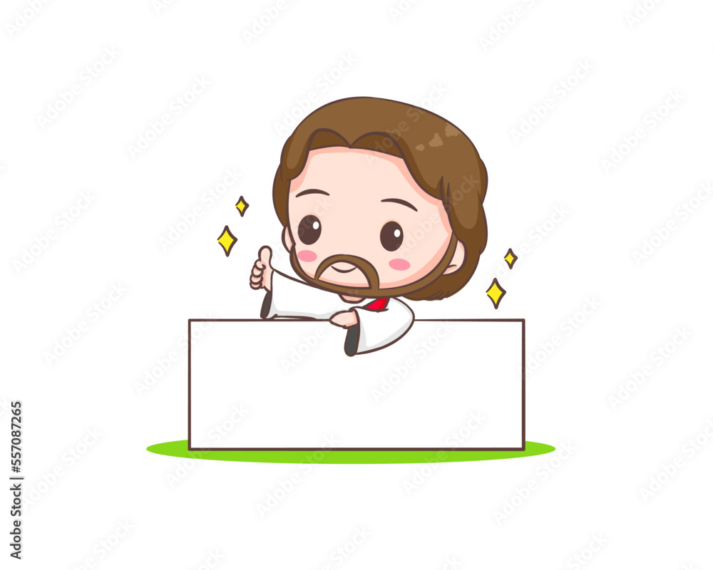 Cute Jesus Christ cartoon character holding empty sign billboard showing thumb up. Hand drawn Chibi character, clip art, sticker, isolated white background. Mascot logo icon vector art illustration Cute Jesus Christ cartoon character holding empty sign billboard showing thumb up. Hand drawn Chibi character, clip art, sticker, isolated white background. Mascot logo icon vector art illustration