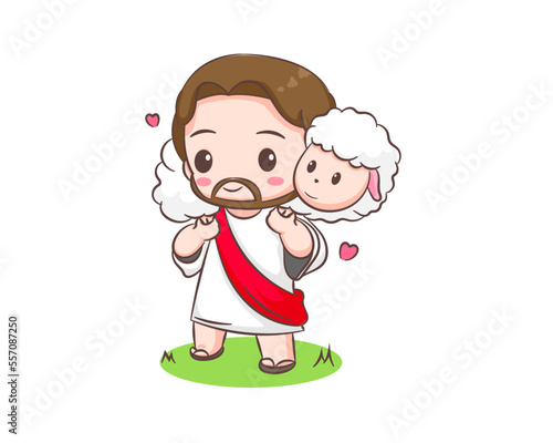 Cute Jesus Christ and the sheep cartoon character. Hand drawn Chibi character, clip art, sticker, isolated white background. Christian Bible for kids. Mascot logo icon vector art illustration