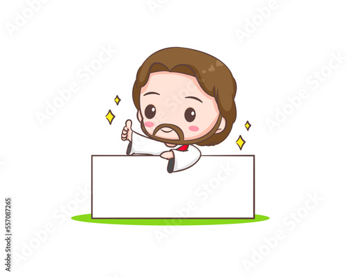 Cute Jesus Christ cartoon character holding empty sign billboard showing thumb up. Hand drawn Chibi character, clip art, sticker, isolated white background. Mascot logo icon vector art illustration