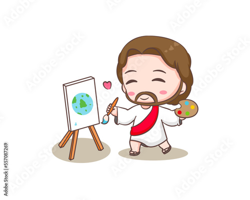 Cute Jesus Christ cartoon character panting the earth. Hand drawn Chibi character, clip art, sticker, isolated white background. Christian Bible for kids. Mascot logo icon vector art illustration