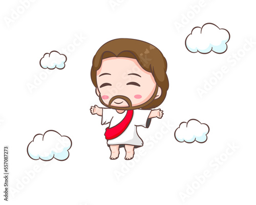 Cute Jesus Christ cartoon character in the cloud. Hand drawn Chibi character, clip art, sticker, isolated white background. Ascension of jesus christ. Mascot logo icon vector art illustration