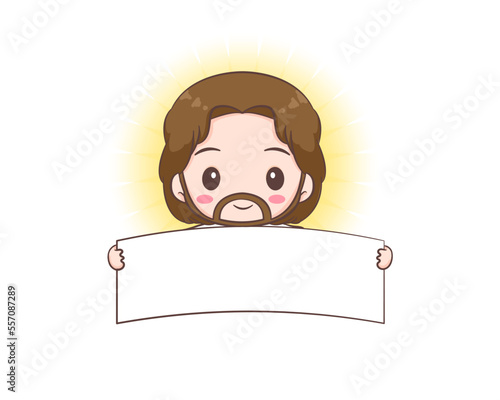 Cute Jesus Christ cartoon character holding empty sign banner billboard. Hand drawn Chibi character, clip art, sticker, isolated white background. Mascot logo icon vector art illustration