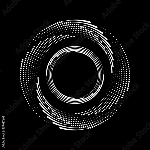 Vector dotted white speed lines in vortex form. Vector illustration. Trendy design element for border frame, round logo, tattoo, sign, symbol, web pages, prints, template, pattern, backdrop