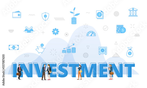 business investment concept with big words and people surrounded by related icon spreading with blue color