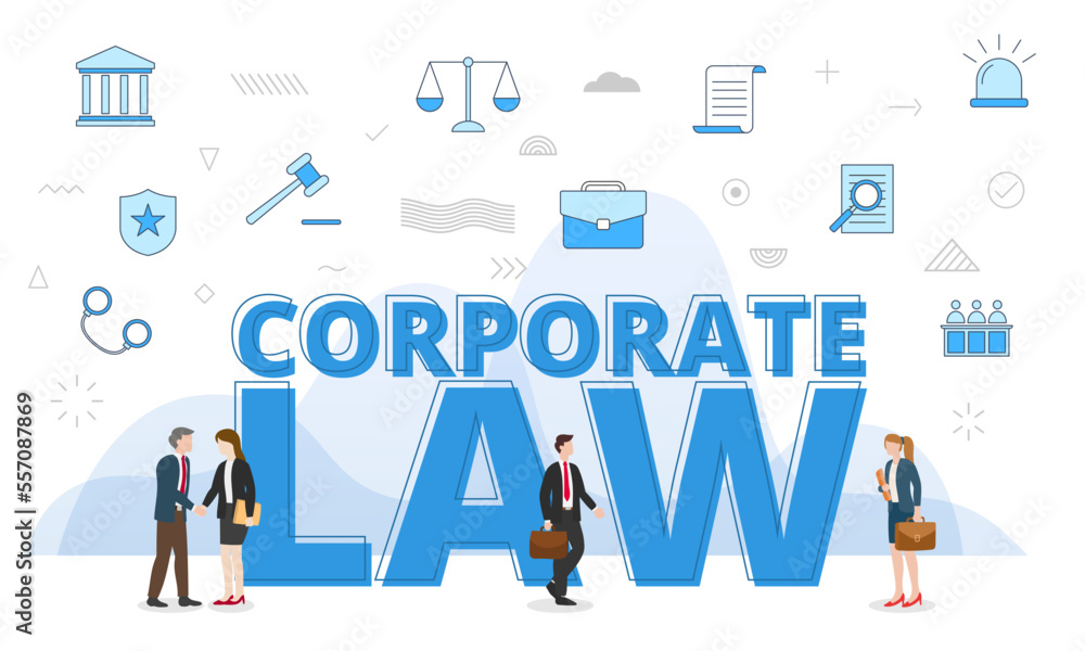 corporate law concept with big words and people surrounded by related icon spreading with blue color